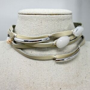 J.‎ Jill Leather Choker Necklace Pearl Stone Silver Tone Cream NEW